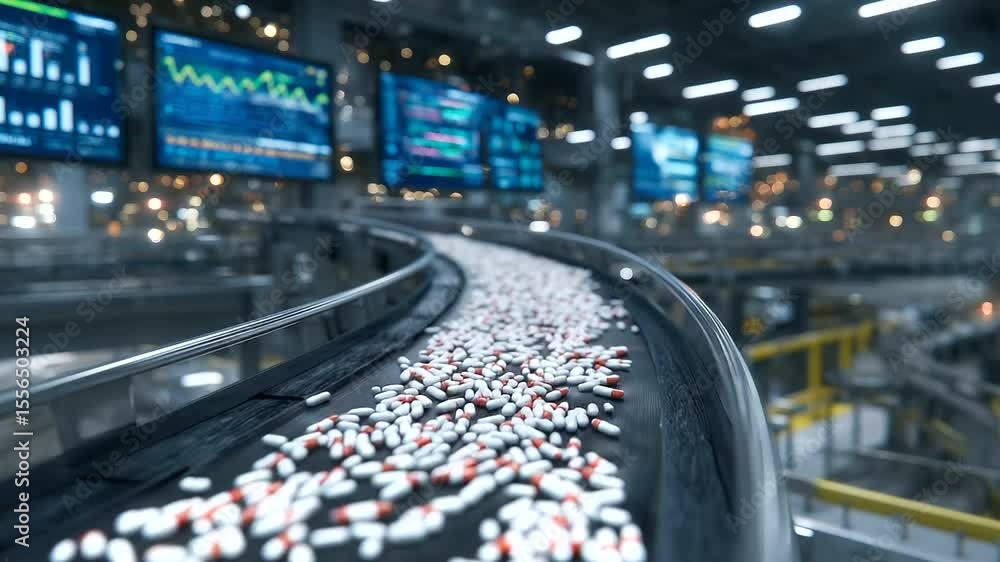 Poster high-resolution side view of conveyor belts moving assorted pharmaceutical tablets under high-speed 