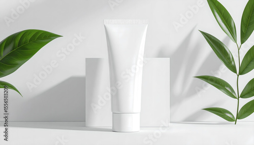 Elegant White Tube Mockup with Green Leaves, Clean Minimalist Design
