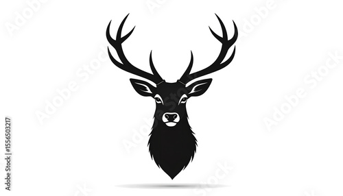 Elegant Black Deer Head Silhouette with Antlers on White Background