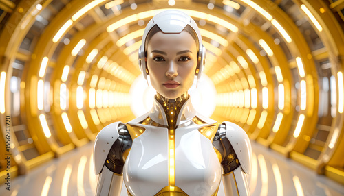 Portrait of Beautiful Female Robot in Futuristic Golden Lit Corridor