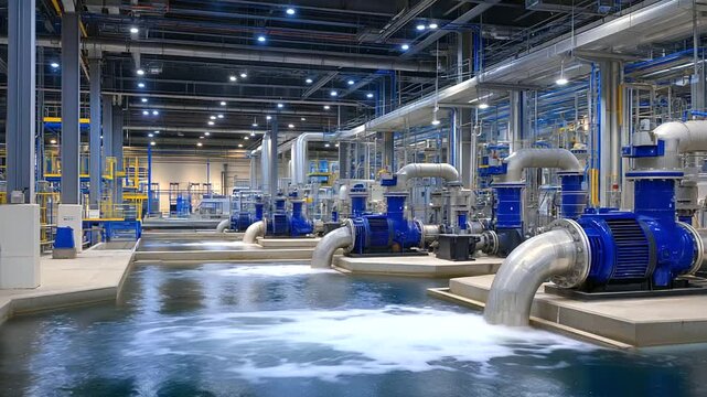 Industrial pumps with hydraulic components connected by thick pipelines, illuminated by factory lighting, highlighting water management and treatment automation.