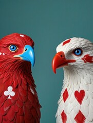 Two fantasy birds with playing card suit patterns on feathers, creative animal illustration, conceptual design, poker theme art