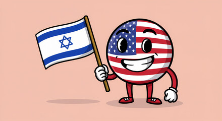 United States character holds the Israel flag, showcasing international partnership and cultural connection in cartoon illustration.