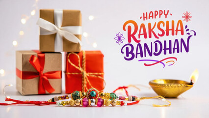 Wrapped gift boxes with decorative rakhi bracelets and traditional oil lamp, Raksha Bandhan festival celebration, Indian culture, family bonding, holiday gift concept