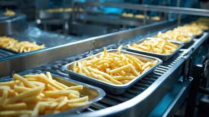 French fries in metal trays move along a conveyor belt, indicative of a large-scale food production environment. Focus on automated food processing.