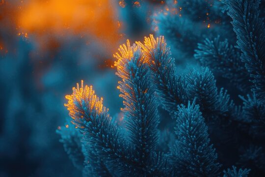 Close-up of frost-covered pine needles glowing golden in the sunset.