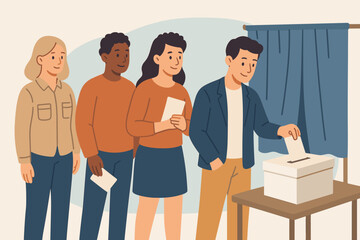 Diverse voters standing in line at polling station casting ballots, election day democracy concept, people voting, civic engagement, government choice, modern flat illustration, voting process