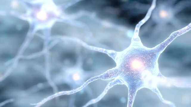 Macro scientific visual of tangled neuron cells forming a complex network, their translucent dendrites glowing faintly in soft light. Clean white background enhances anatomical det