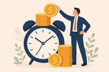 Businessman stacking gold coins on large alarm clock. Time is money concept, financial investment, savings growth, tax reminder, wealth management, deadline, profit planning, flat vector illustration