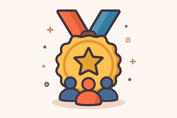 Quality Guarantee Medal Icon with Star, Ribbon, Teamwork Symbol, High Rating Award, Leadership Recognition, Achievement Badge, Modern Flat Vector Illustration, No Text, Business Success Concept