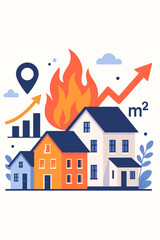 Fototapeta premium Real estate market on fire, rising house prices, increasing property value, growth in square meter cost, investment trend, hot housing market, modern flat vector illustration