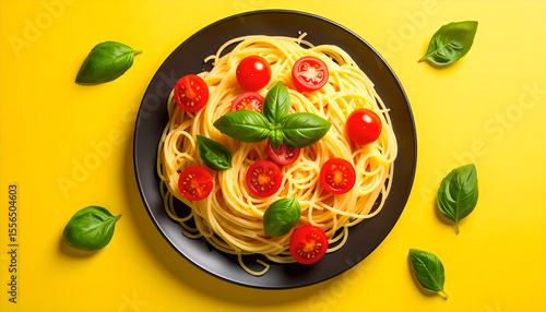 Delicious Spaghetti with Cherry Tomatoes and Basil Leaves on Yellow Background