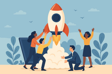 Business team launching startup rocket, teamwork success, goal achievement, innovation, new company growth, metaphor for business launch, leadership, collaboration, entrepreneurship, project start