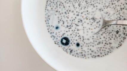 Chia Seed Pudding with Milk, Blueberries, and Nuts in a White Bowl