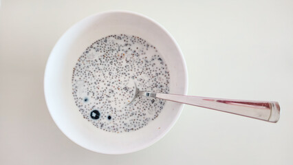 Chia Seed Pudding with Milk, Blueberries, and Nuts in a White Bowl