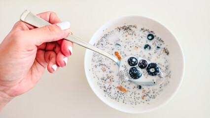 Chia Seed Pudding with Milk, Blueberries, and Nuts in a White Bowl