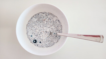 Chia Seed Pudding with Milk, Blueberries, and Nuts in a White Bowl
