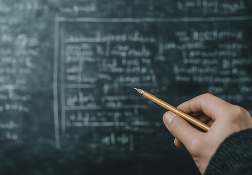 Hand pointing at blackboard with equations. Education and learning. Classroom math concepts and problem solving. Focus on learning and academics.