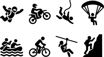 Set of extreme outdoor activity solid icons. Skydiving, zipline, rafting, rock climbing