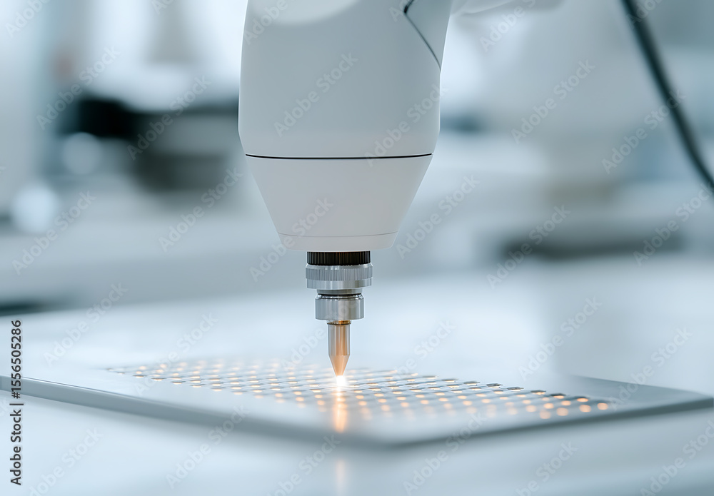 Poster precision manufacturing: a robotic arm delicately works on a circuit board, highlighting the precisi