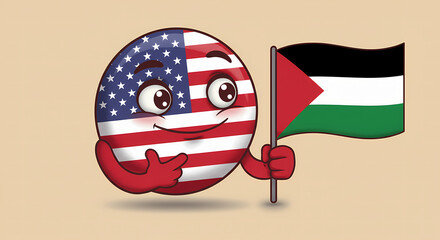 American flag smiley face holding a Palestine flag showcases global cooperation and international unity