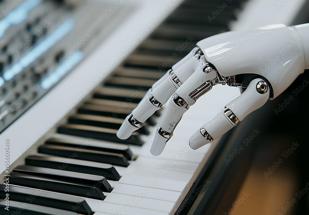 Poster robot hand playing piano - artificial intelligence meets classical music. technological innovation i