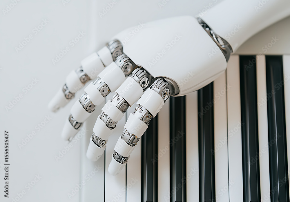 Poster robotic hand on keys: a futuristic image featuring a white, mechanical hand poised above a keyboard,
