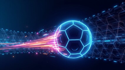 Bola de futebol estilizada com contornos neon (cores como rosa, roxo, azul e amarelo)