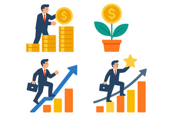 Business success concept. Career growth, financial investment, profit increase, money management, goal achievement. Flat vector illustration. Businessman climbing graph, earning, growing wealth