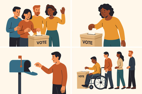Diverse group of people voting at polling station, casting paper ballots in box, mail-in voting, accessible election, democracy, civic participation, inclusive modern flat vector illustration