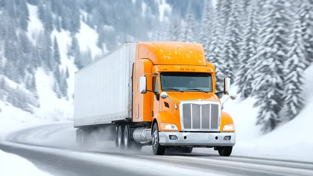 Powerful orange semi-truck with frosted grill pushing through thick snow, ice crystals clinging to its body. Forested background softened by snowfall, emphasizing harsh winter cond