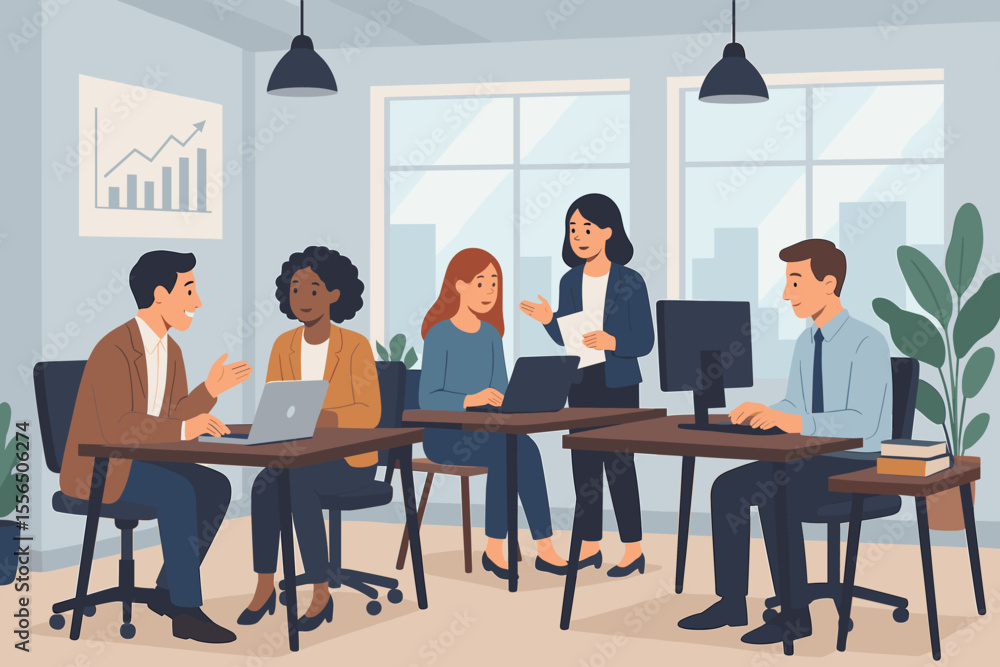 Poster diverse business team collaborating in a modern office or coworking space. colleagues discuss projec