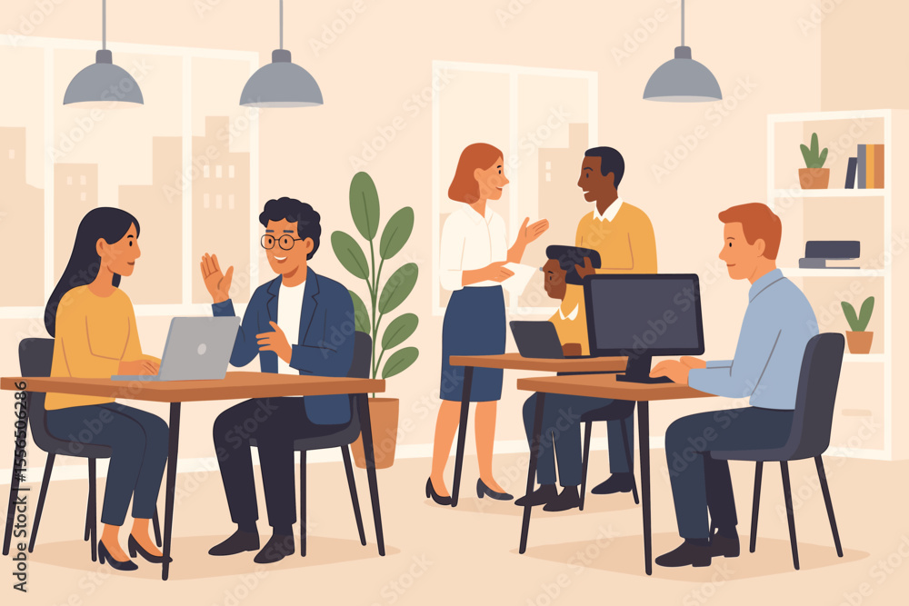 Poster diverse team of office workers collaborating in a modern co-working space. business people discussin