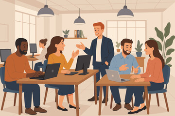 Diverse group of office workers in a modern coworking space. Business team collaborating on a project. Colleagues communicating and working on laptops. Teamwork and corporate life concept.