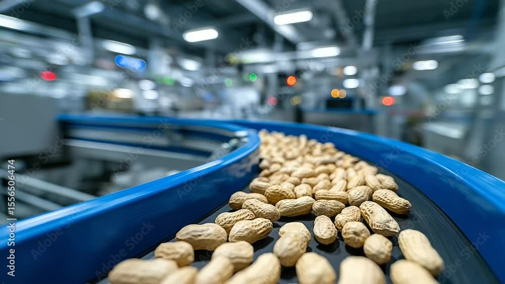 Poster raw peanuts on conveyor belt in motion, shells detailed and crisp, surrounded by blurred factory mac