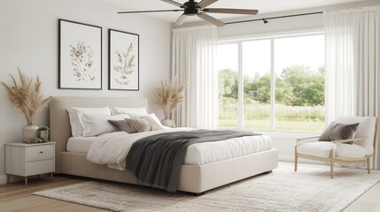 A tranquil bedroom interior featuring natural elements.