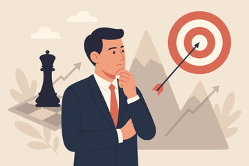 Business strategy planning and leadership concept. Businessman thinking like chess piece for goal achievement, target success, challenge, decision making, vision, opportunity, growth, ambition