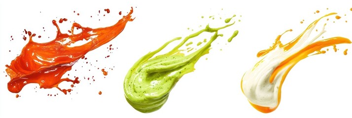 Cutout of set of 3 subjects: sweet chili sauce exploding, neon wasabi sauce splattering, and creamy tzatziki sauce creating an elegant swirl, isolated on a PNG transparent background