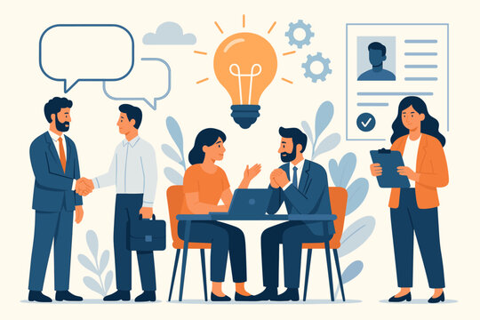 Business team working on project. Job interview, negotiation handshake, HR recruitment. People brainstorming ideas in office. Corporate workflow and teamwork concept. Vector illustration. - Powered by Adobe