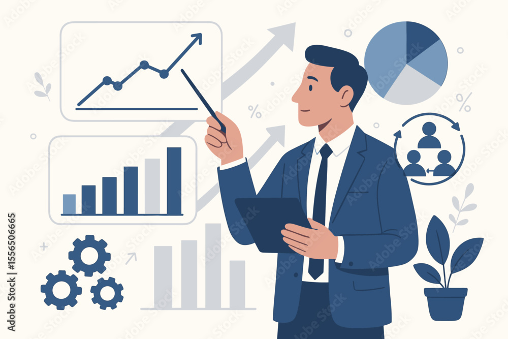 Poster data analysis concept with businessman presenting a financial report. professional manager using a t