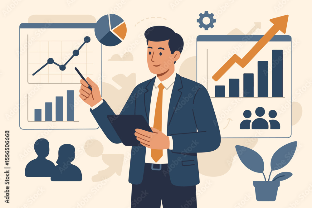 Poster data analysis concept with a businessman presenting a growth report. professional manager using a ta