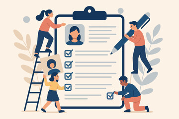 Naklejka premium Hiring process concept with tiny people filling out resume form. Teamwork for recruitment, candidate survey and job application on clipboard. Modern flat vector illustration for HR.