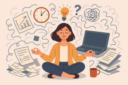 Meditation for Stress Management at Work. Woman Practicing Mindfulness Amid Office Chaos, Anxiety, Paperwork, Deadlines, Laptop, Coffee. Calm, Emotional Control, Productivity, Mental Health Concept