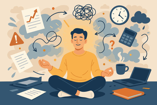 Meditation for Stress Management and Emotional Control at Work. Mindfulness to Reduce Anxiety, Increase Focus, Solve Problems Amid Chaos, Workplace Calm, Productivity, Mental Health Concept