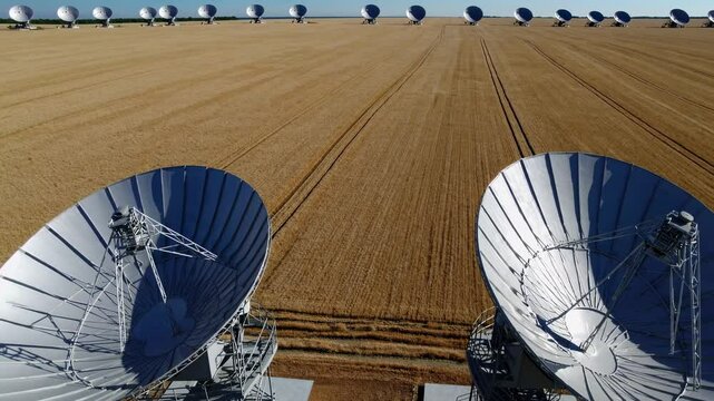 Aerial video captures a vast field with rows of satellite dishes, emphasizing symmetry and technology against a clear blue sky.