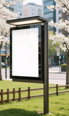 Modern Billboard in Urban Park with Cherry Blossoms and Greenery.