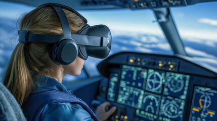 Female pilot in virtual reality goggles flying an airplane, with colorful training displays on the screen. A girl using a VR headset for a mock flight.