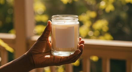 Candle Jar Mockup with Blank Label Held by Black Woman’s Hand in Natural Setting
