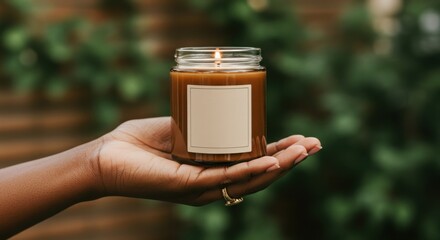 Candle Jar Mockup with Blank Label Held by Black Woman’s Hand in Natural Setting