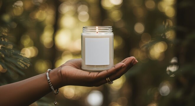 Candle Jar Mockup with Blank Label Held by Black Woman&rsquo;s Hand in Natural Setting